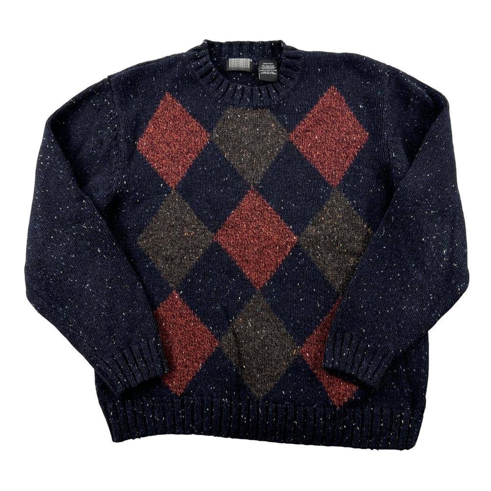 VTG Knightsbridge Mens Large Argyle Crewneck Sweater Blue Wool Blend Academia
